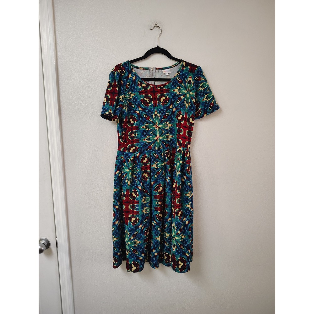LuLaRoe Amelia Dress Womens Large Blue Red Kaleidoscope Geometric Zipper Pockets